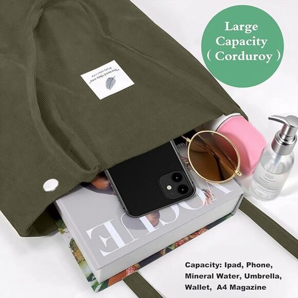 Women Army Green Imported Corduroy Small Canvas Shoulder Handy Tote Bag - Picture 2 of 4